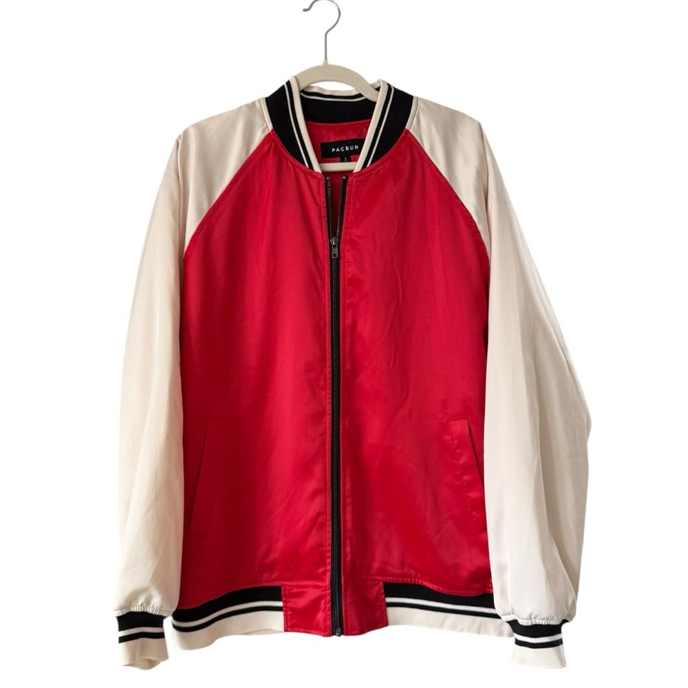 PACSUN Red Satin Oversized Souvenir Bomber Varsity Jacket Size Large